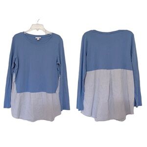 J. Jill Chic Layered Striped Relaxed Tunic Top Lapis Long Sleeve Blouse